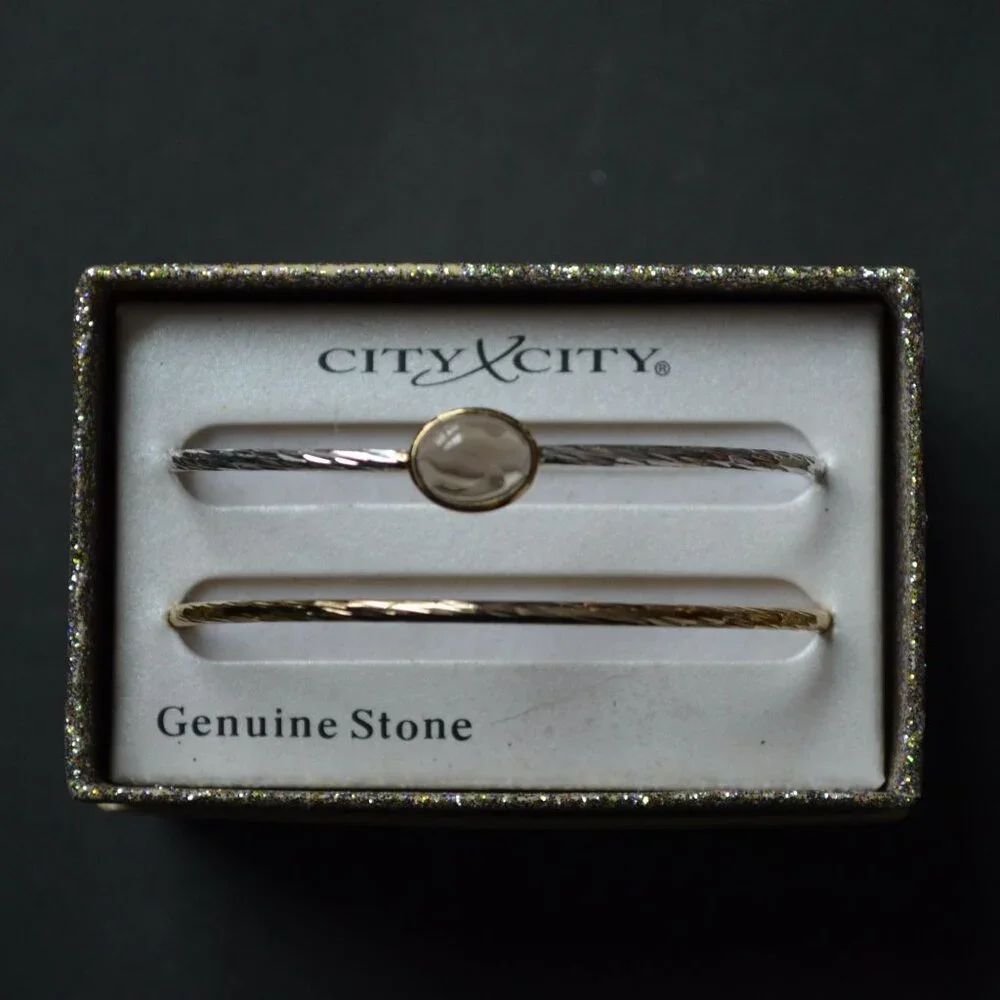 City x City Bangle Bracelet Pair Brown Stone Gold Silver
